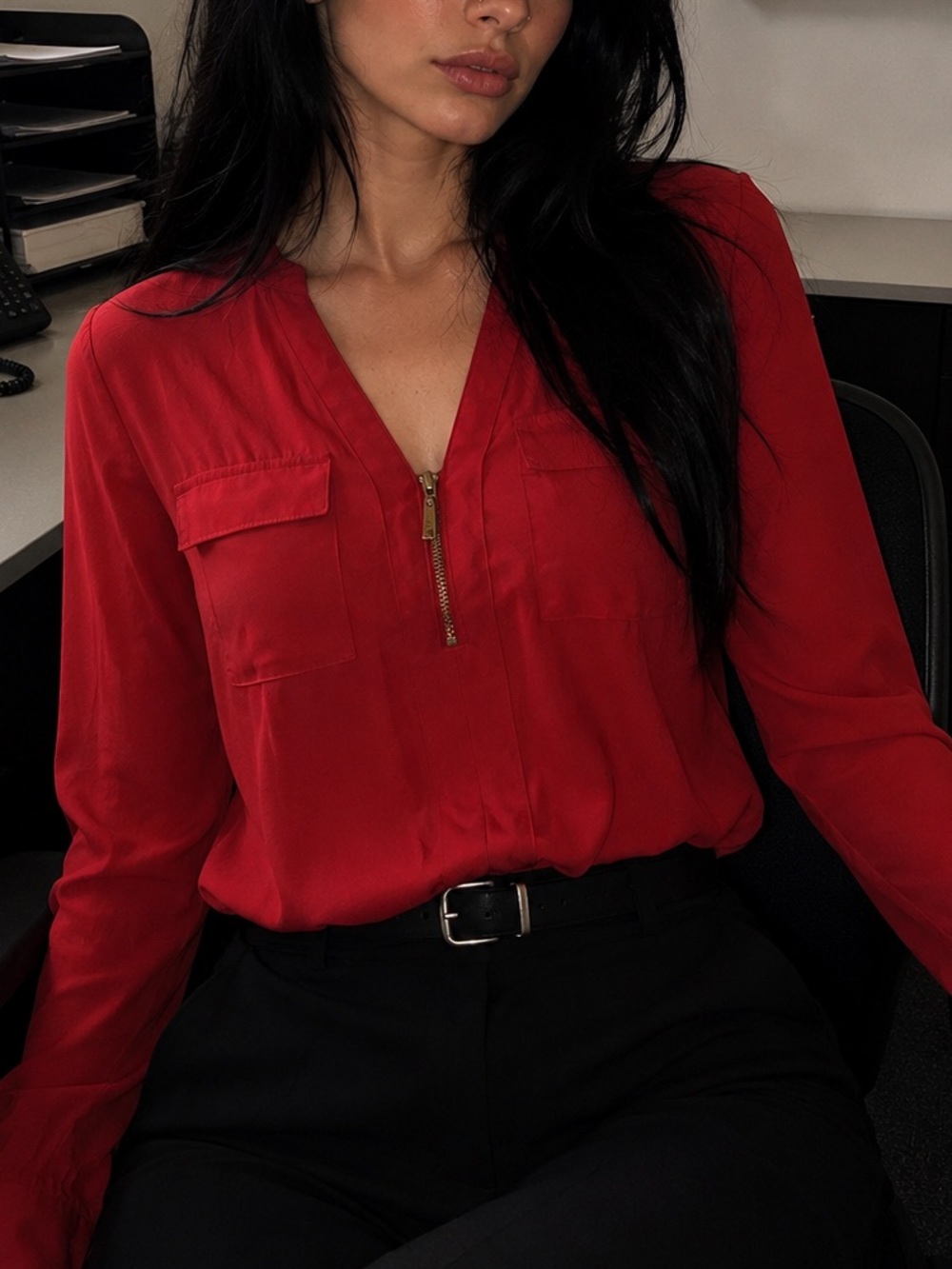 Women’s Office Siren Red Zip Up Front Long Sleeve Stylish Essential Blouse